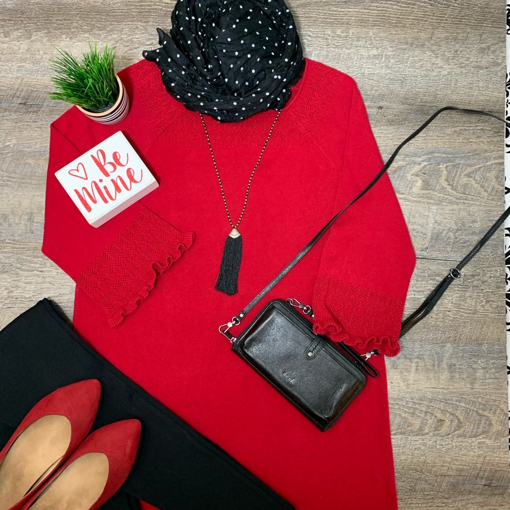 Style & Co Red square neck tunic cotton sweater, ruffle edge sleeves, Large.